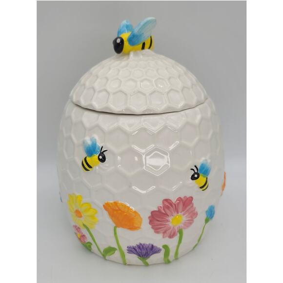 Ceramic Beehive Honeycomb Cookie Jar Cannister Bees & Spring Flowers by Cheryl's